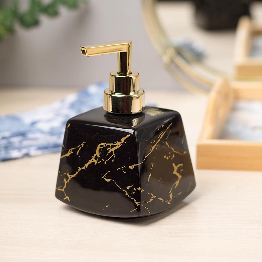 Czarny Ceramiczny Dozownik do Płynu z Wykończeniem Kamiennym do Kuchni (350 ml) | Butelka do mycia rąk do umywalki | Dozownik szamponu do łazienki