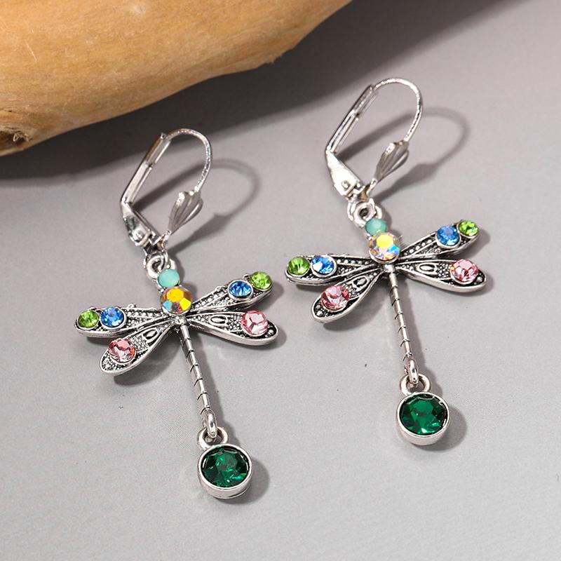 Elegant Personalized Carved Dragonfly Earrings Seven colored gems Hook Drop Earrings Wedding Engagement Earrings for women