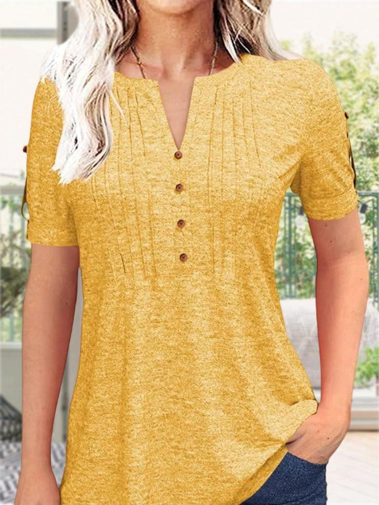 Women's Pleated V Neck T-Shirt Short Sleeve Solid Color Zipper Summer Casual Top