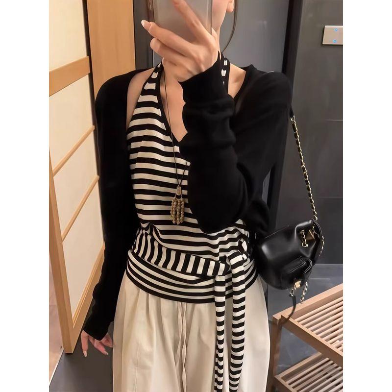 Kumikumi Design Sense Black Long sleeve Cardigan Inner wear Halter Top Women Autumn Slimming Casual Pants Three-Piece Suit