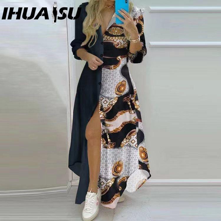 IHUASU Rochie Cămașă cu Imprimeu Temperamental de Primăvară Toamnă pentru Femei, cu Nasturi Simpli, Rochie Cămașă Deschisă, Rochie Lungă Casual