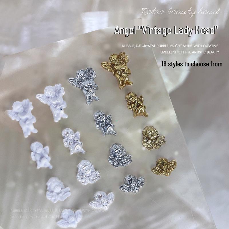Baroque Angel Relief 3D Nail Art Decorations - Vintage White Metal, 5 Pieces