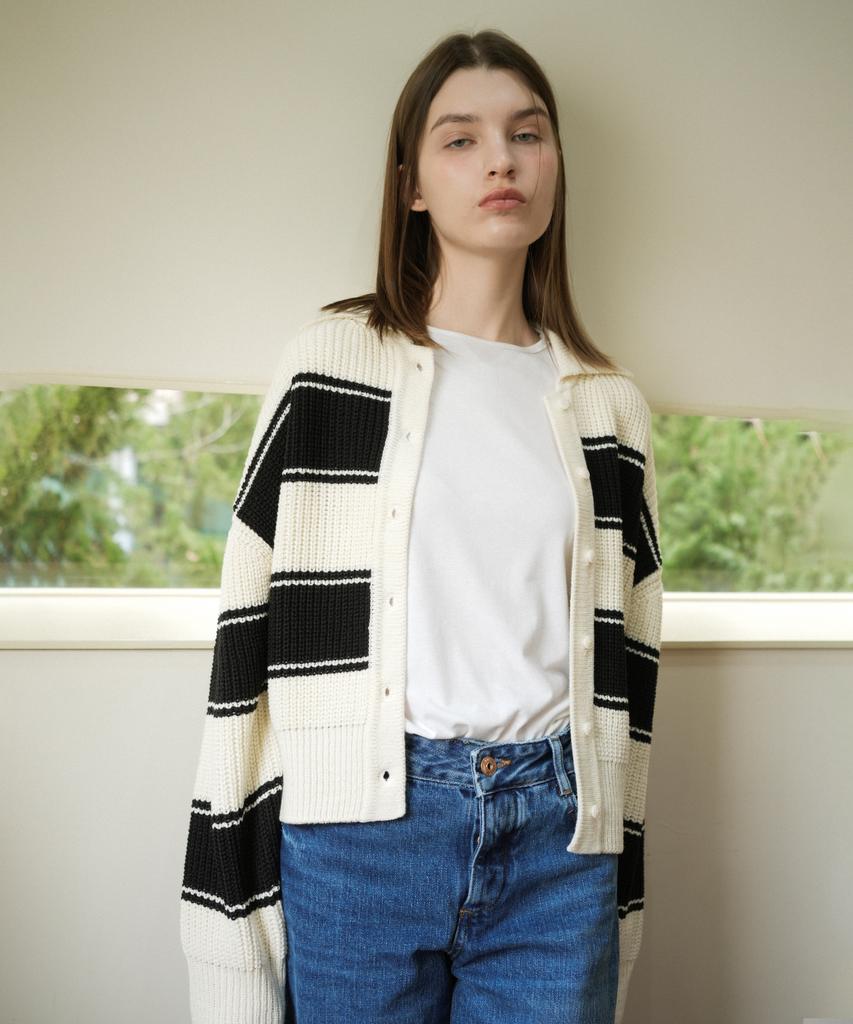 Vleti Wool Stripe Collar Knit Cardigan (Cream)
