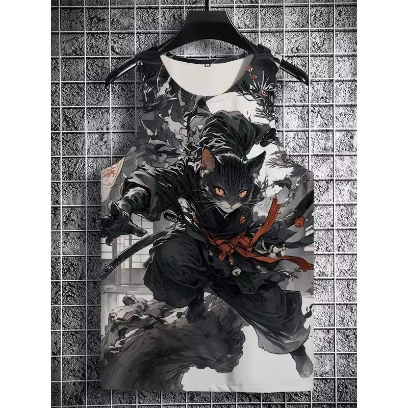 Japanese Style Vintage Tank Top Anime Samurai Cat 3d Printed Sleeveless T Shirts Casual Loose Breath Funny Top Tee Men's Vest
