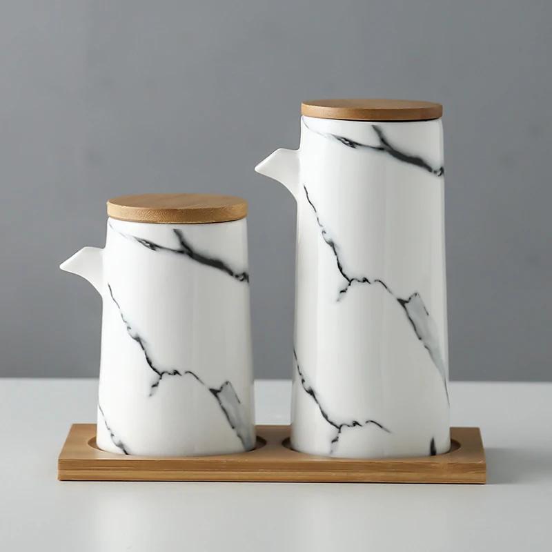 

marble Ceramic Gravy Olive Oil Pot set Soy Sauce Vinegar Seasoning Can Oil Bottle Kitchen Cooking Tools Storage Bottles set