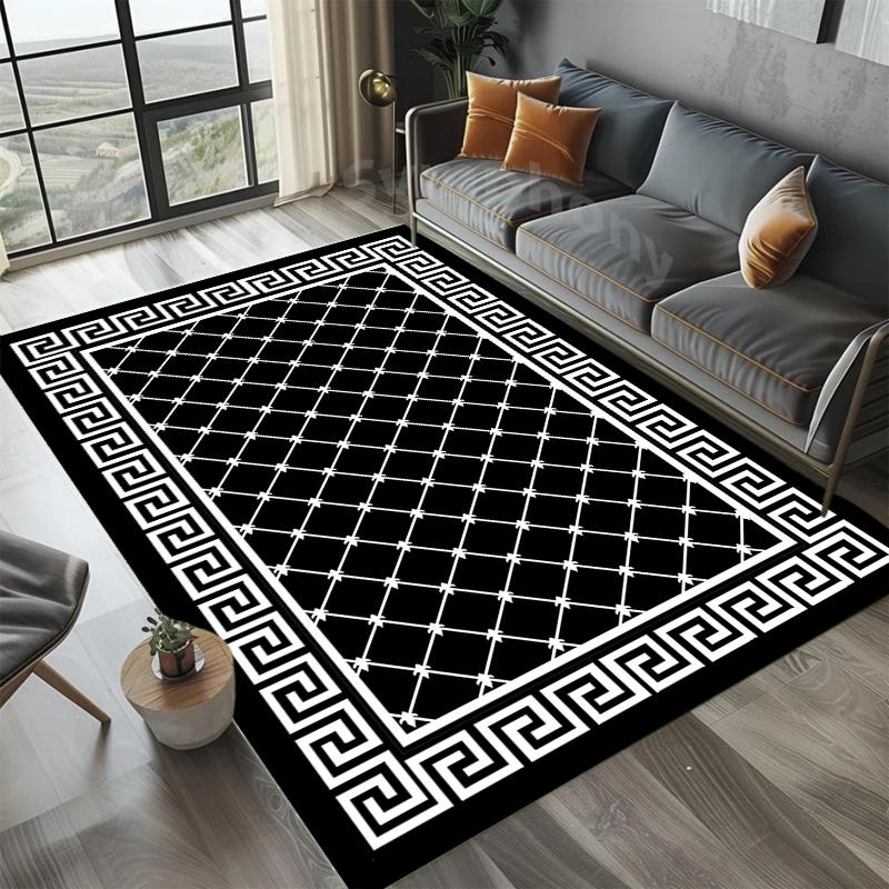 Luxury Modern Geometric Border Rug Vibrant Black Gold Marble Pattern Carpet Elegant Floor Covering Living Room Decor