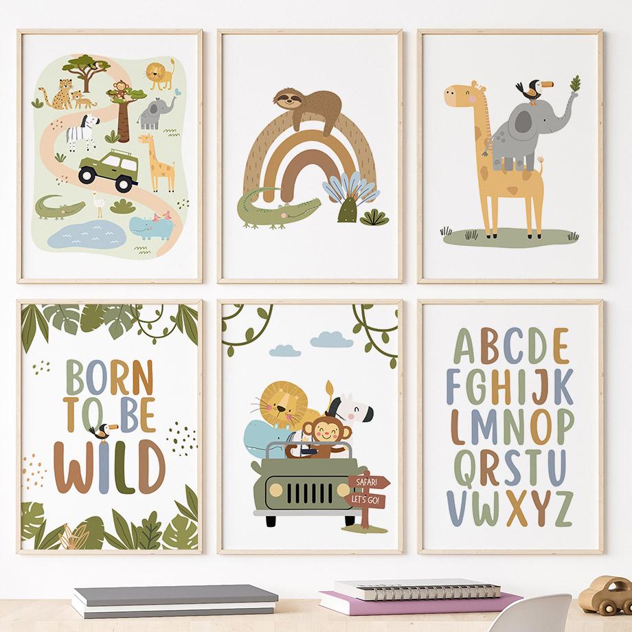 Cute Giraffe Elephant Lion Monkey Car Rainbow Wall Art Canvas Painting Cartoon Posters And Prints Pictures Baby Kids Room Decor