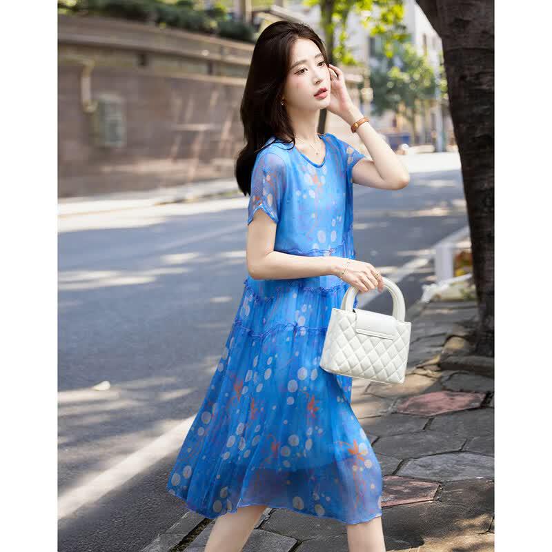 Demana Sweet Printed Mulberry Silk Cake Dress S