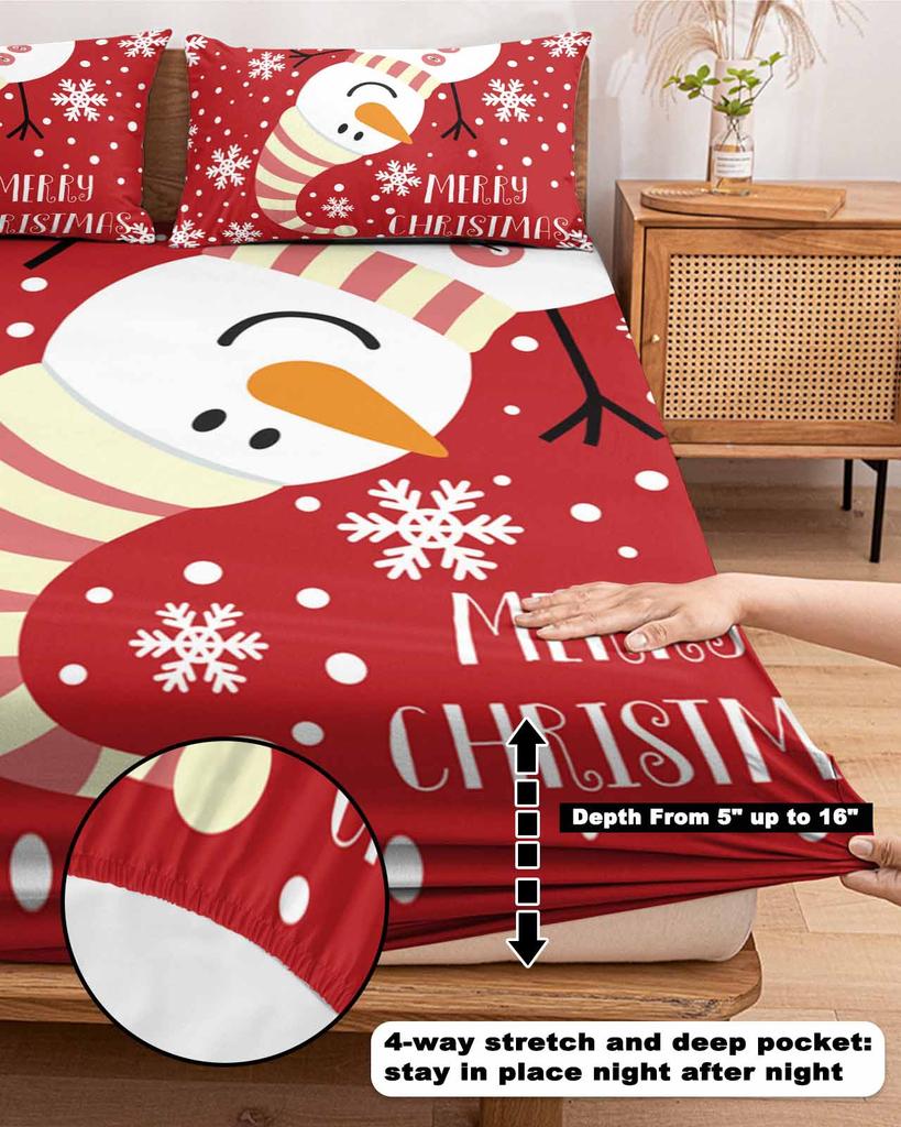 Christmas Snowman Pattern Snowflake Queen Size Bed Mattress Fitted sheet Elastic Rubber Band Non-slip Bed Sheet Pillowcase Set