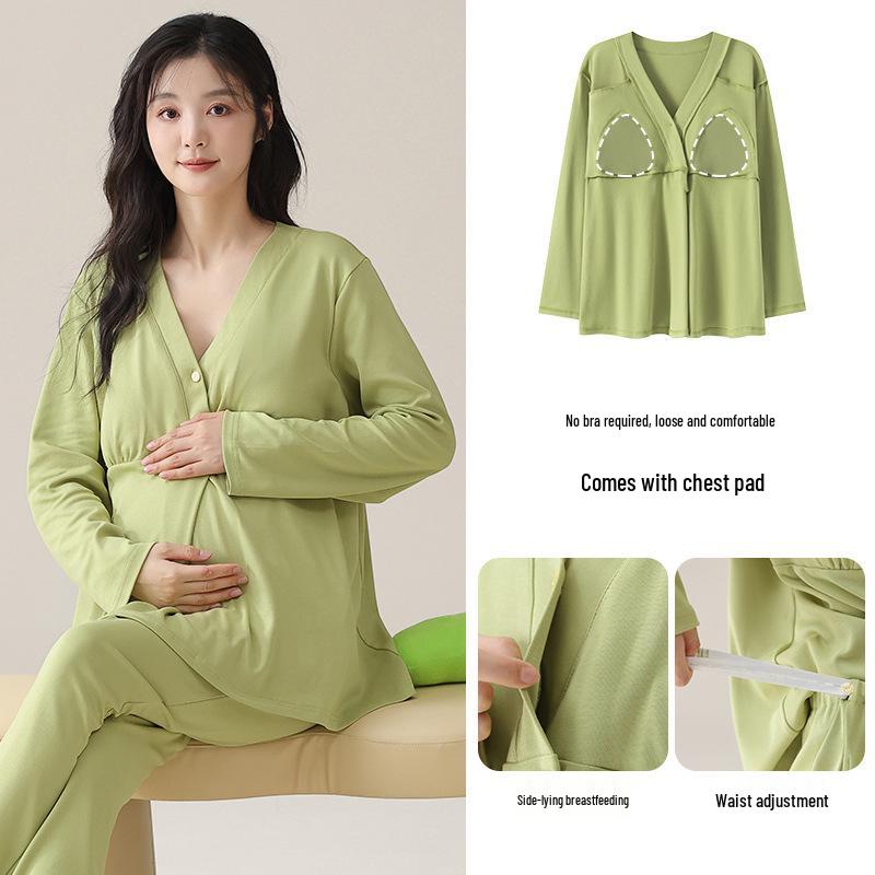 Autumn Pure Cotton Maternity Pajamas with Breast Pads - Perfect for Postpartum and Breastfeeding