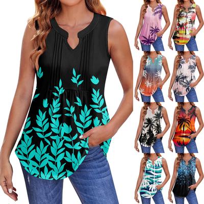 Womens Summer Tank Tops  Pleated V Neck Printing Casual  Top Tank Tops For Women Loose Fit Sleeveless Tunic Shirts