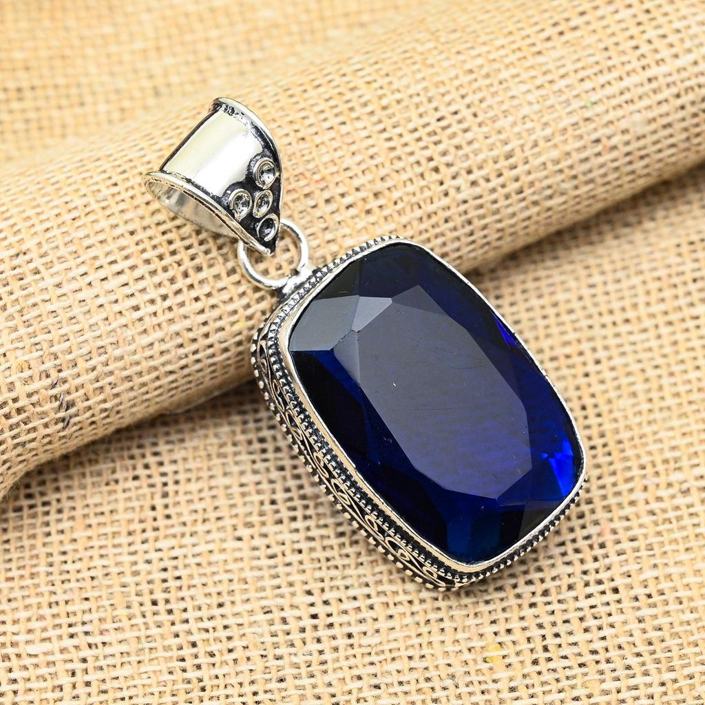 Blue Sapphire Lab-Created Gemstone Handmade 925 Solid Sterling Silver Jewelry Pendant