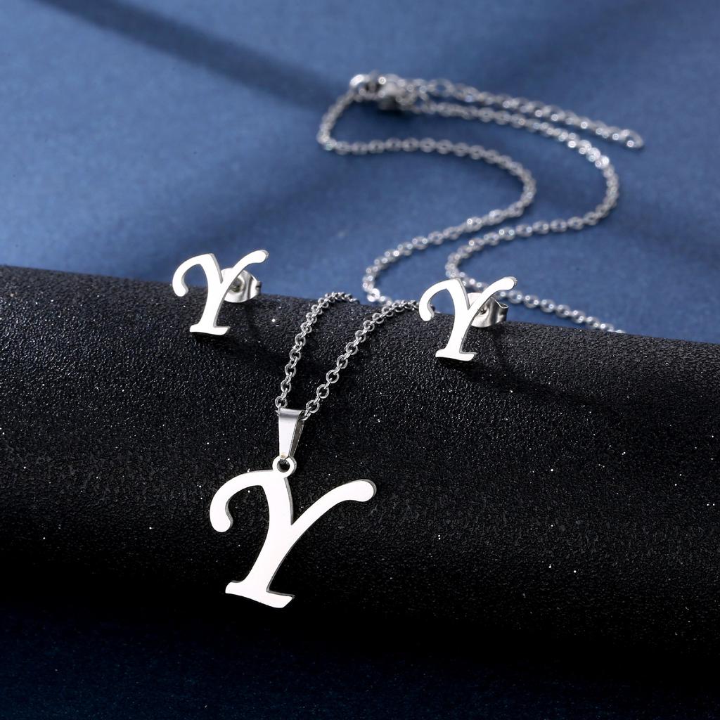 Fashion Alphabet Necklace And Earrings Set Shiny Colorfast Pendant Choker Jewelry