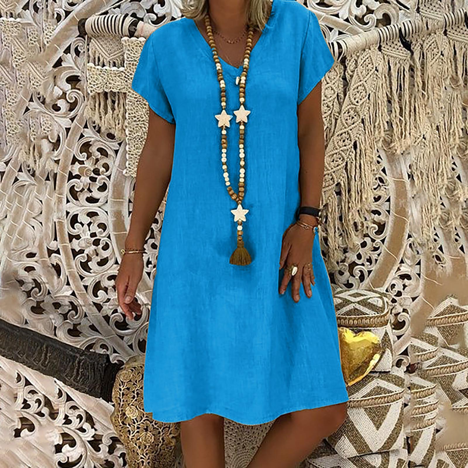 

Женское летнее свободное однотонное платье трапециевидной формы с короткими рукавами и v-образным вырезом XXXL небесно-голубой