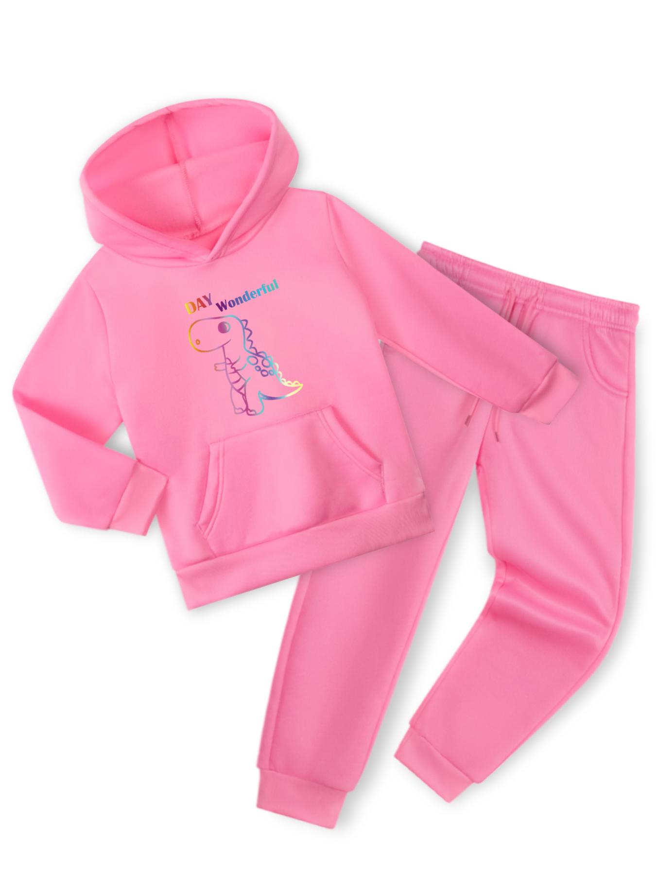 

Теплый утолщенный флис для девочек, удобный розовый узор динозавра, толстовка с длинными рукавами и принтом, пуловер, толстовки и брюки, спортивный костюм из 2 предметов, комплект детской одежды 130