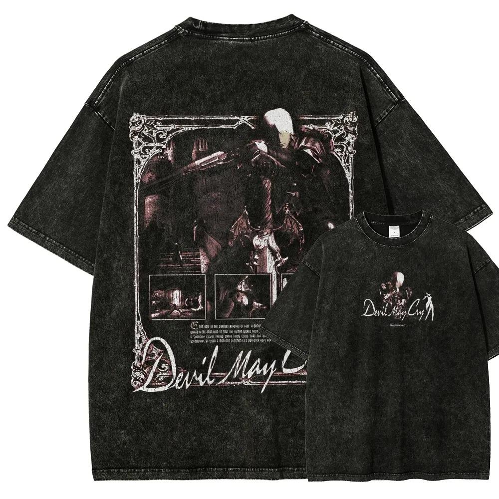 Devil May Cry 3: Dante's Awakening Vintage-Wash Graphic T-Shirt: Double-Sided Design Featuring Dante Character Art & Game Title
