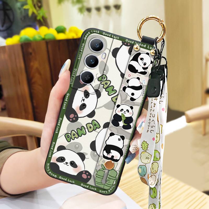 Wrist Strap Ring Phone Case For Realme C65 Waterproof Phone Holder Cute Protective Silicone Back Cover Panda Soft case
