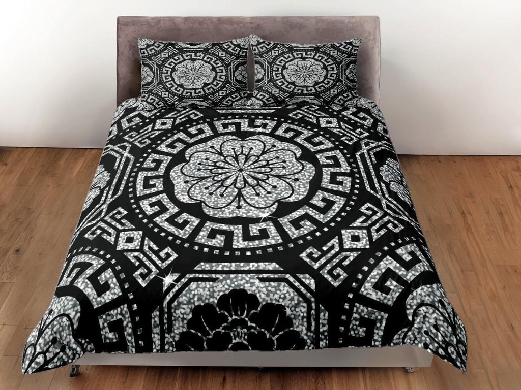 Luxury Duvet Cover, Black & Silver Bedding Set, Mandala Bedroom Set, Bohemian Bedspread, Custom Size Duvet, Modern Blanket Cover