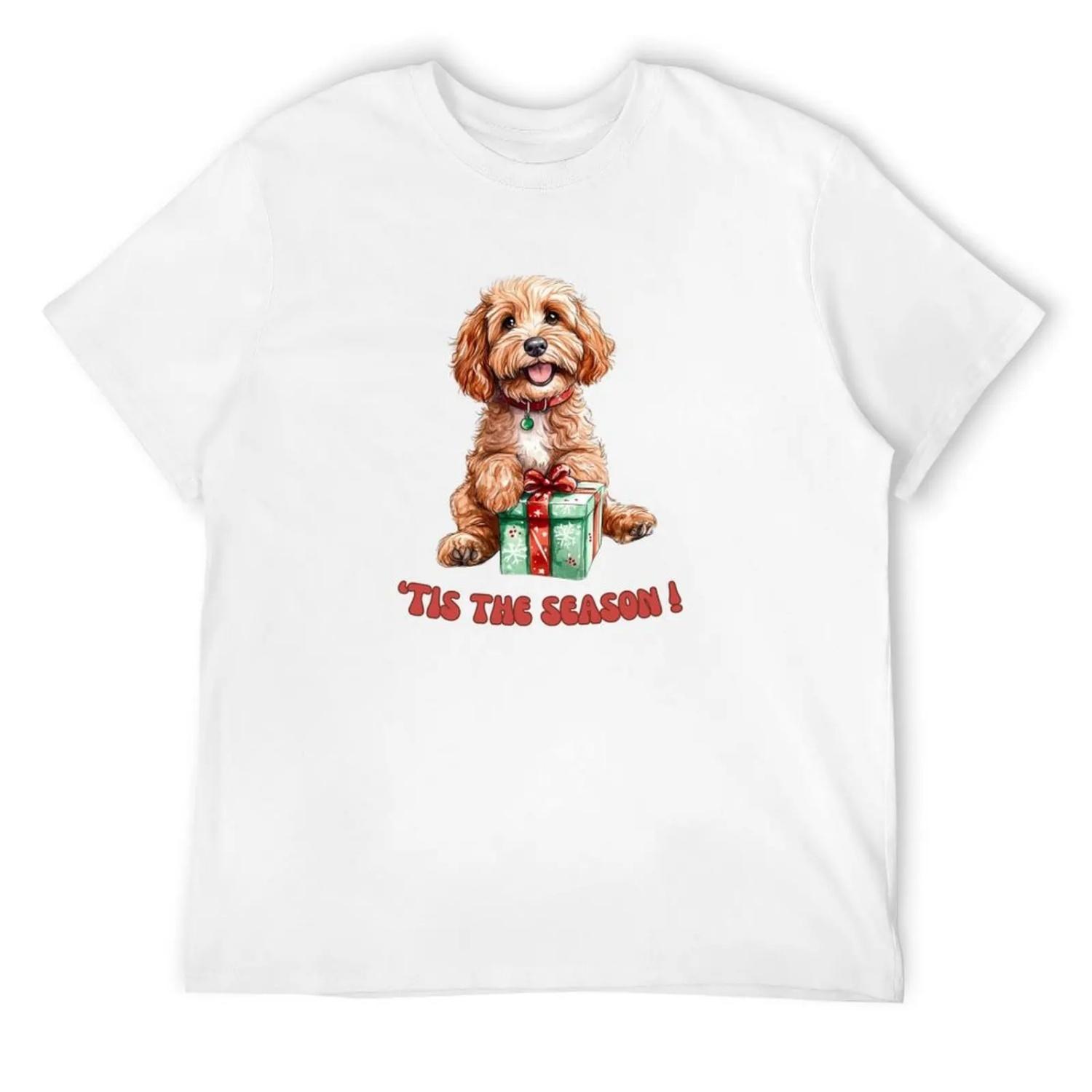 Cavapoo dog holding Christmas present T-Shirt anime shirt tshirts personalised heavyweight t shirts for men S