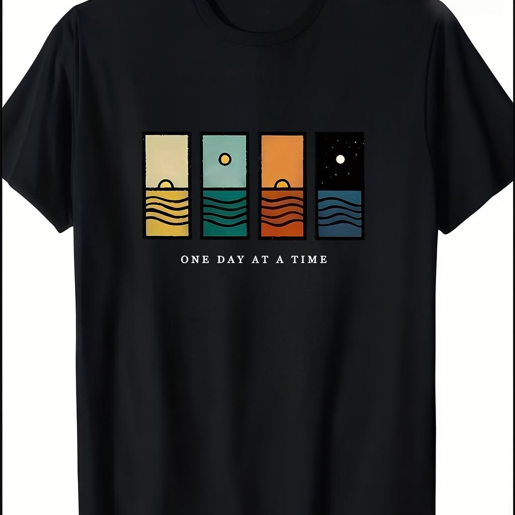 Unisex One Day At A Time Graphic Casual TShirt Summer Short Sleeve Round Neck Tee With Colorful Stripes Unisex Clothing