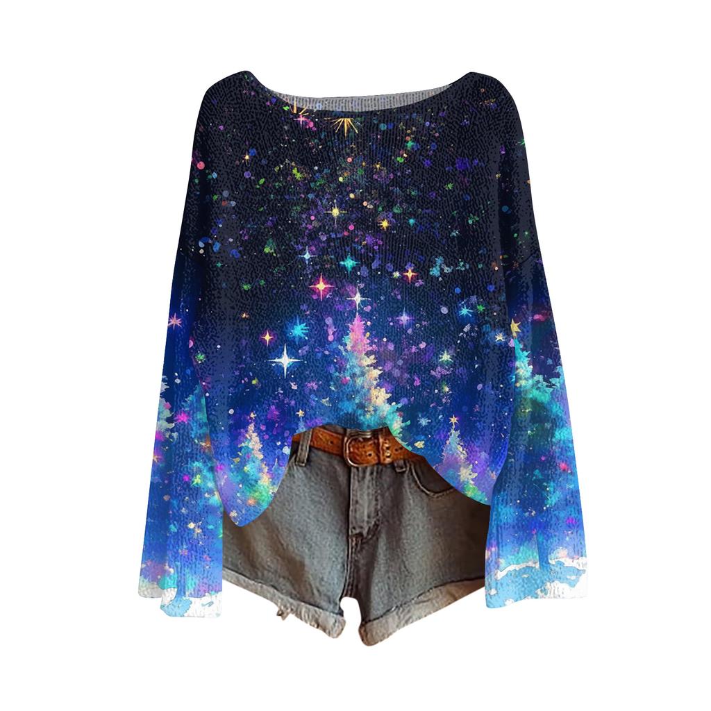 Damenmode Weihnachtsdruck Leichter Pullover Lässig Langärmlig Strick-Pullover-Oberteil