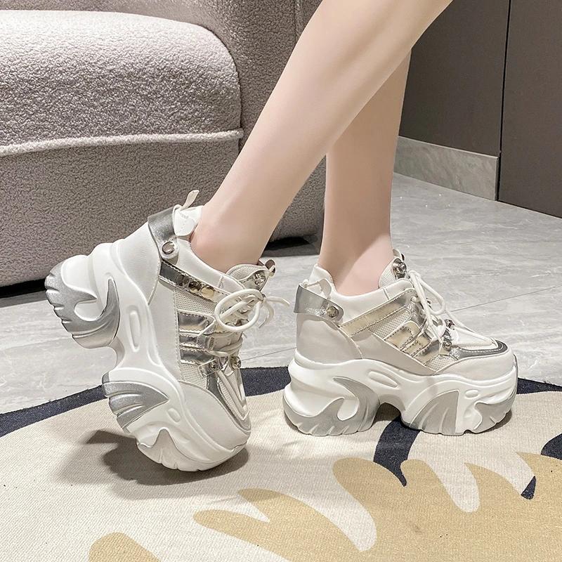 Fashion 10CM New 2024 Spring Women Chunky Sneakers Heels Lace-up High Platform Sports Shoes Woman Breathable Mesh Shoes Leather Sneakers