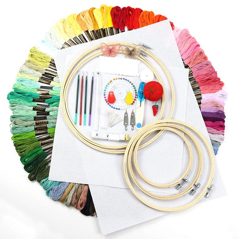 5 Bambus-Stickrahmen, Russische Stickerei 100 Farben Stickgarn Sticktuch Zubehör Werkzeuge, Kreuzstich-Schuppen-Set