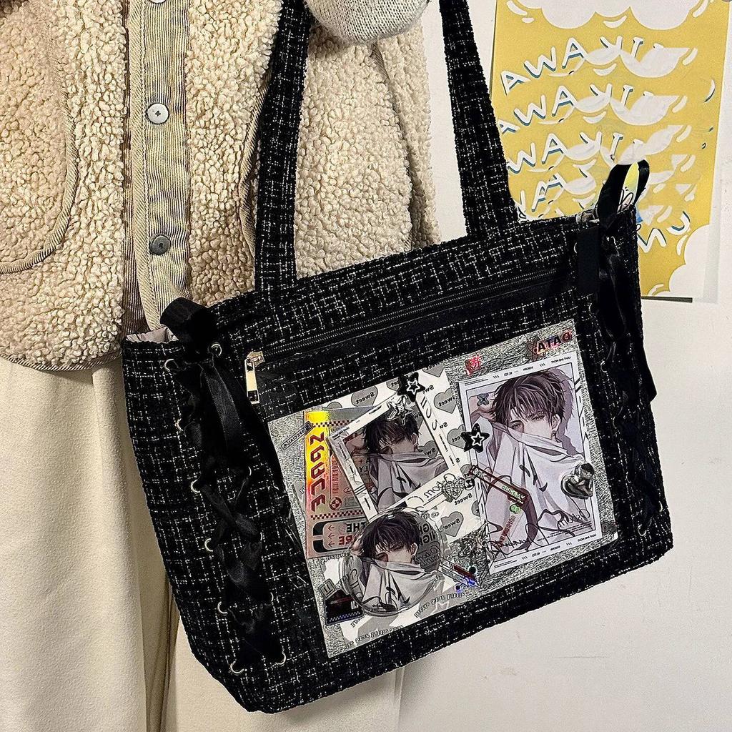 New Y2K Ribbon Bow Japanese Ita Shoulder Bag Cute Girl Transparent Pocket Large Capacity Crossbody Tote Bag DIY Display Handbags