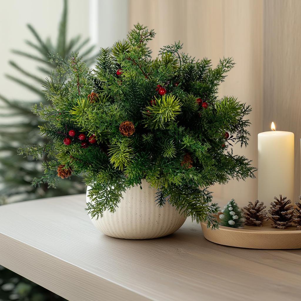 10PCS Artificial Pine Branches with Red Berry Pine Cones Artificial Pine Needles Branches Greenery Stems Fake Greenery Floral Arrangements