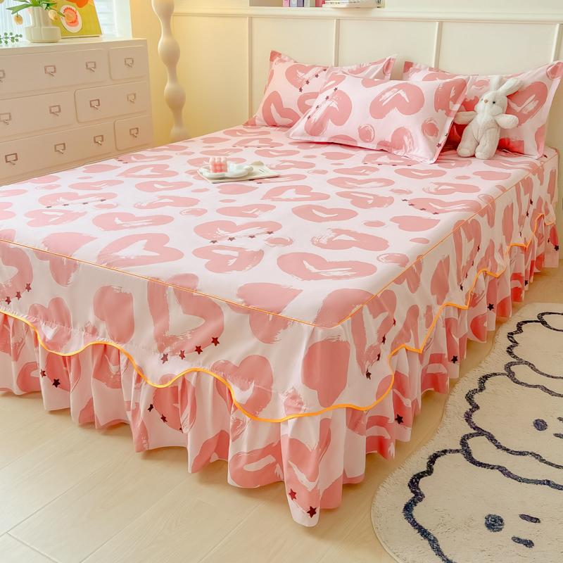 Printed Bed Skirt with Pillowcase Queen Size Bed Cover Set Ruffles Mattress Protector Home Bed Linen Soft Bedspread Jupe De Lit