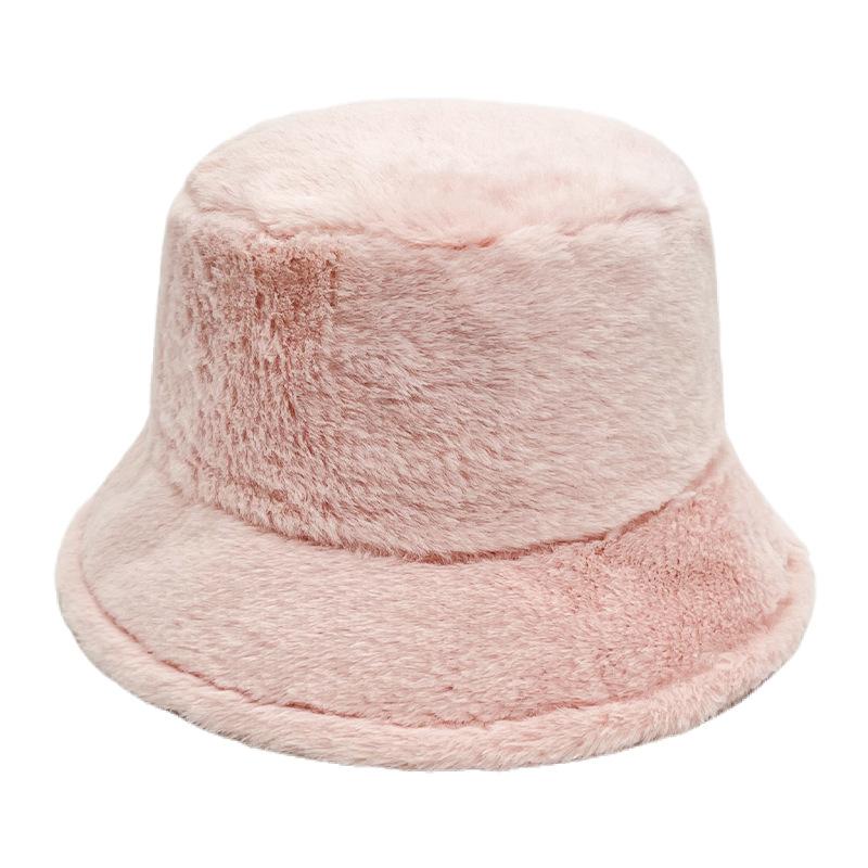 Winter solid color imitation rabbit hair bucket hat women's plate versatile bucket hat thickened plush warm plush basin hat