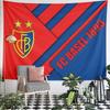 Red and blue angled panels with a FC Basel logo and text on each side. Patterned tapestry for bedroom and living room home decor