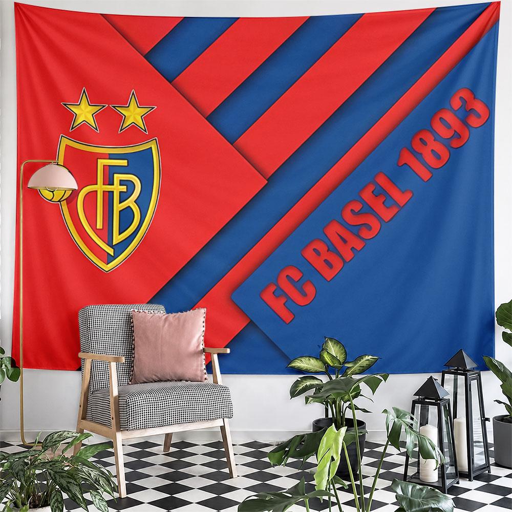 Red and blue angled panels with a FC Basel logo and text on each side. Patterned tapestry for bedroom and living room home decor