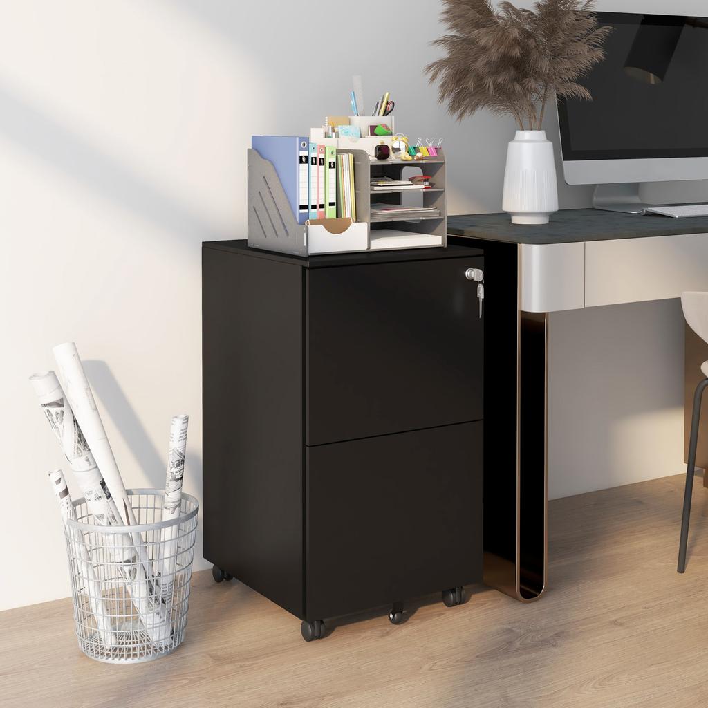 Mobile Pedestal Filing Cabinet, 2 Drawers, Lockable, Rollable, 37 cm x 43.5 cm x 67.5 cm, Black