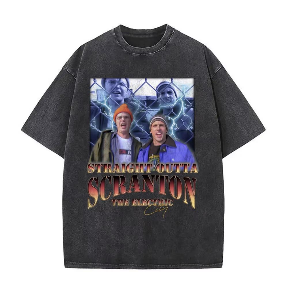 The Office Dunder Mifflin Dwight Washed T-shirt Tv Show Scranton The Electric City T Shirts Mens Gothic Rock Vintage T-Shirts