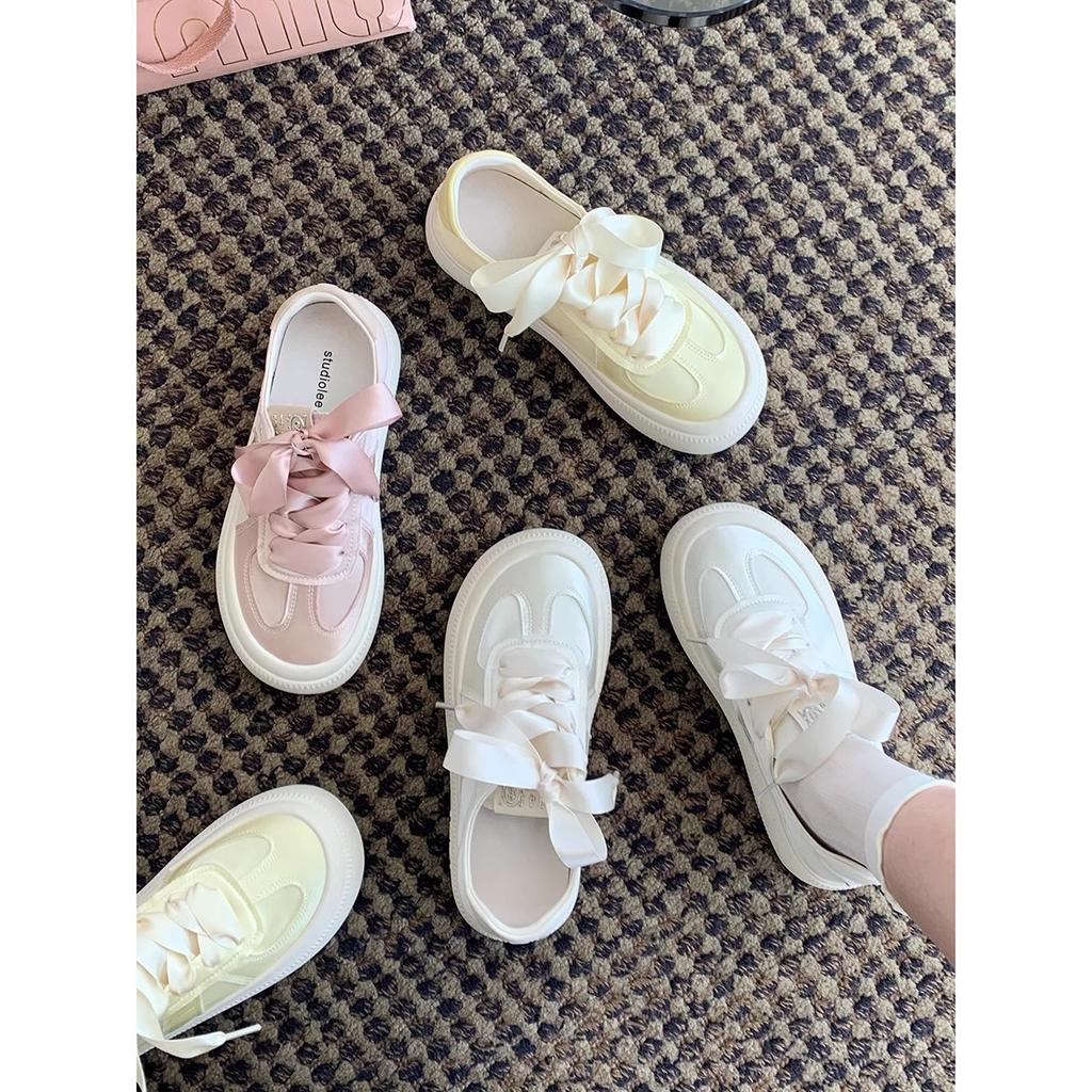 Grape mother same style~ 2025 spring and summer new leather heightened thick-soled satin training shoes lace-up casual board shoes women