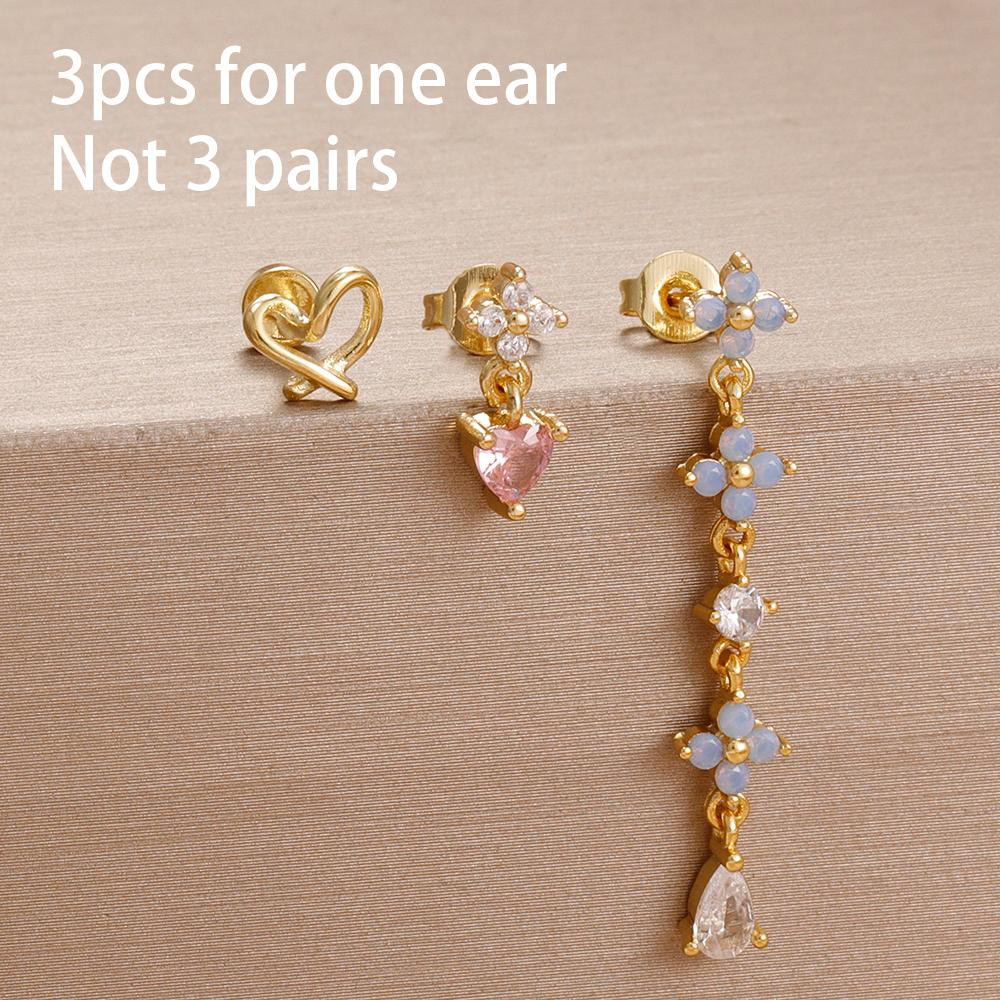 3PCS Simple Fashion Blue Flower Drop Earrings Set For Women Girl 18K Gold-Plated Zirconia Star Sun Stud Earring Piercing Jewelry