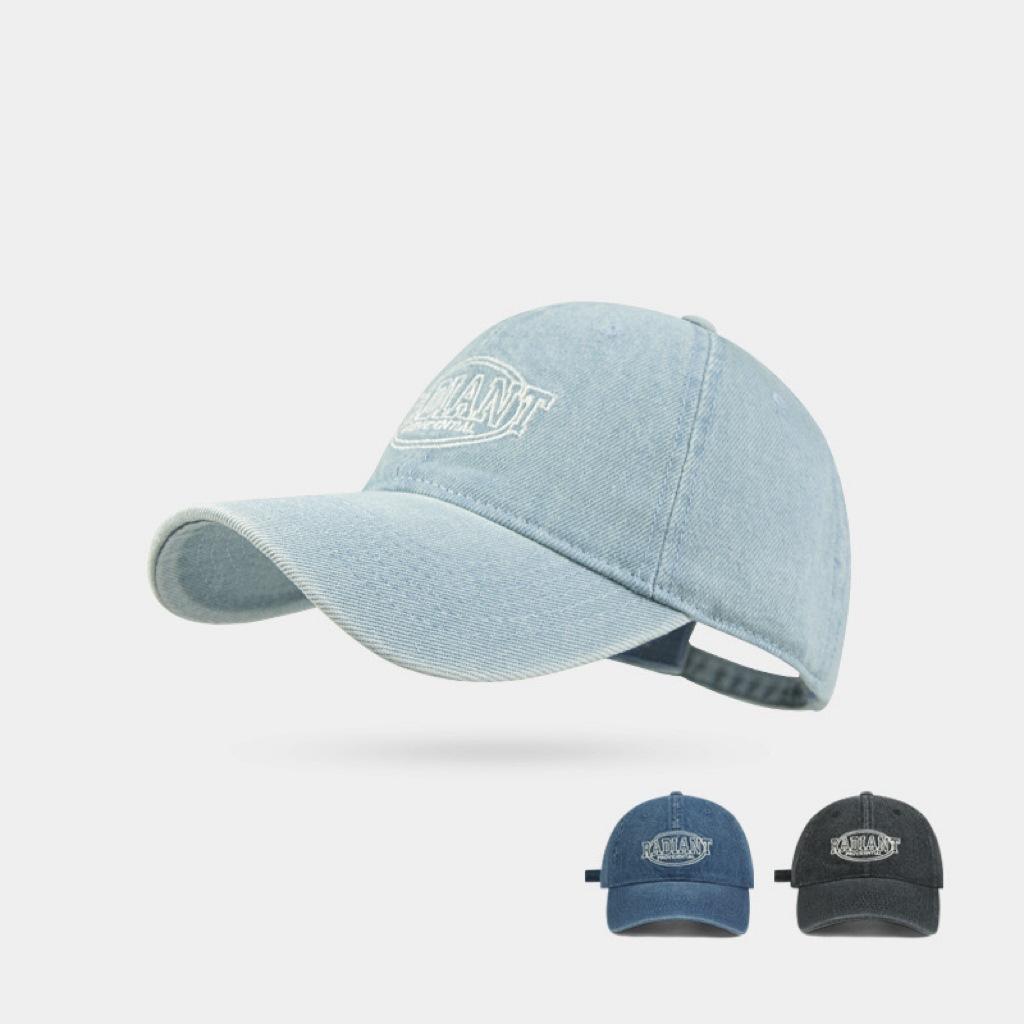 

Летняя универсальная бейсболка с широкими полями, изображением лица, маленькими вышитыми буквами, мягкая кепка из стираного джинсового материала для мужчин и женщин M（56-58cm）