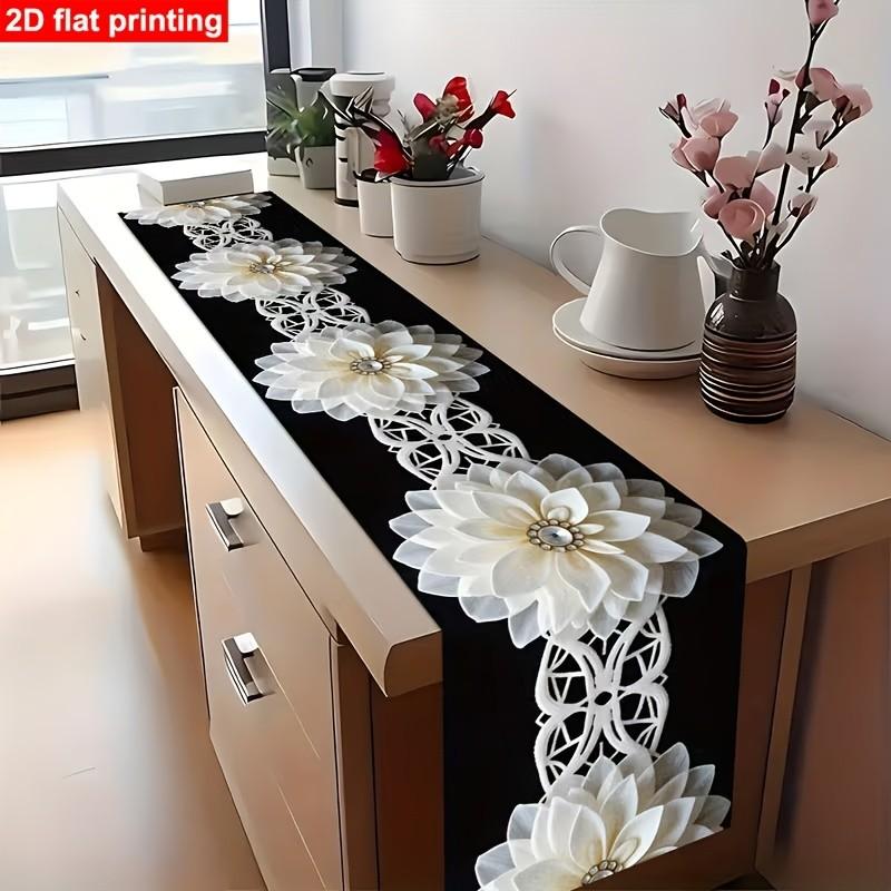 

Black And White Floral Table Runner 2D Flat Printing Featuring White Blooms on a Black Backdrop Rectangular Table Decoration 33x185cm