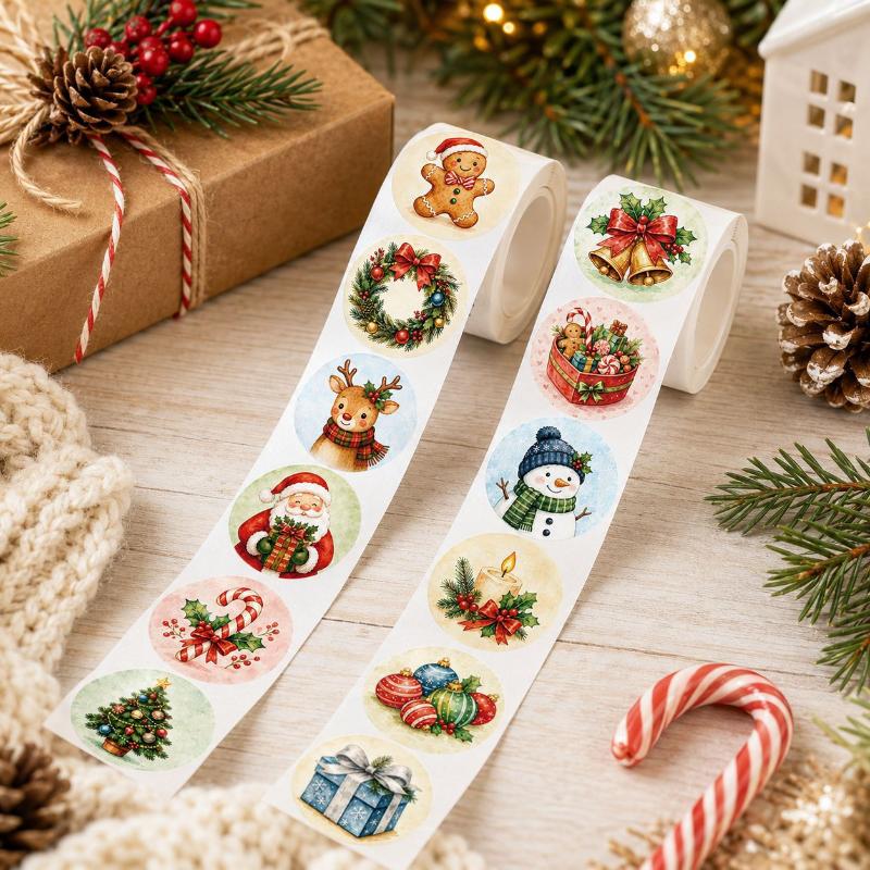 500Pcs Round Christmas Stickers Merry Holiday Self Adhesive Sealing Labels Xmas Festive Pattern For Gift Box Envelope Packaging