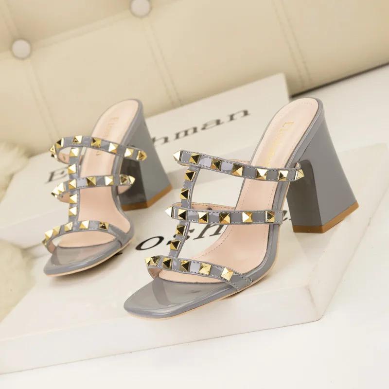 Women Summer Fashion Rivets PU Leather High Heel Sandals Lady Square Heel  Fish Mouth Slippers Woman Casual Sandal Slip-on Shoes