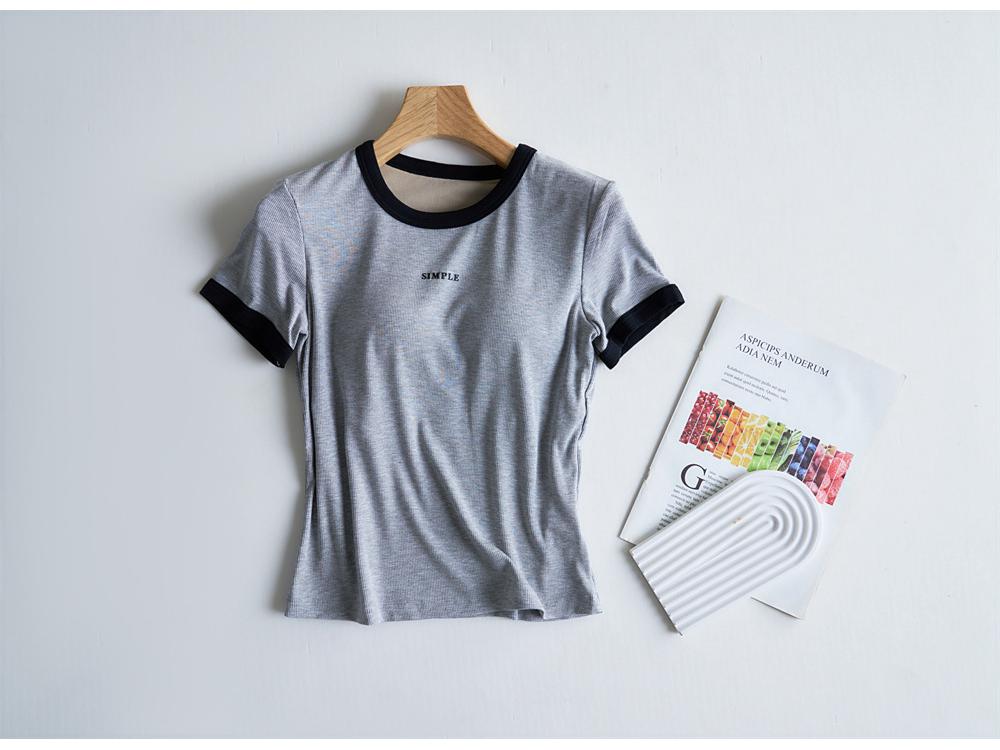 Women's Contrast Casual Short-Sleeve T-Shirt with Chest Pads, Bra-Free, One-Piece Round Neck for Summer.