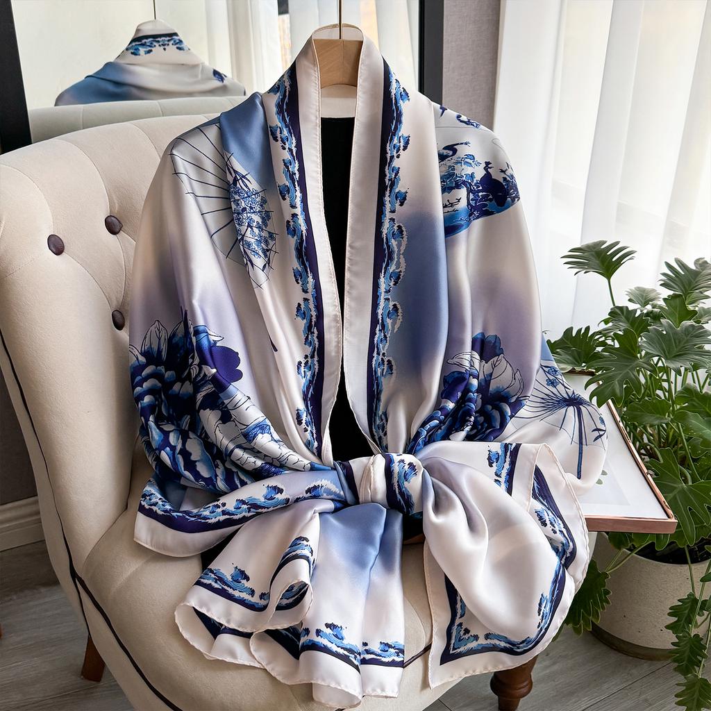 90*180cm Fashion Luxury Silk Scarf Women Soft Smooth Scarves Wrap Hijab Outdoors Muffler Long Shawl Beach sun protection