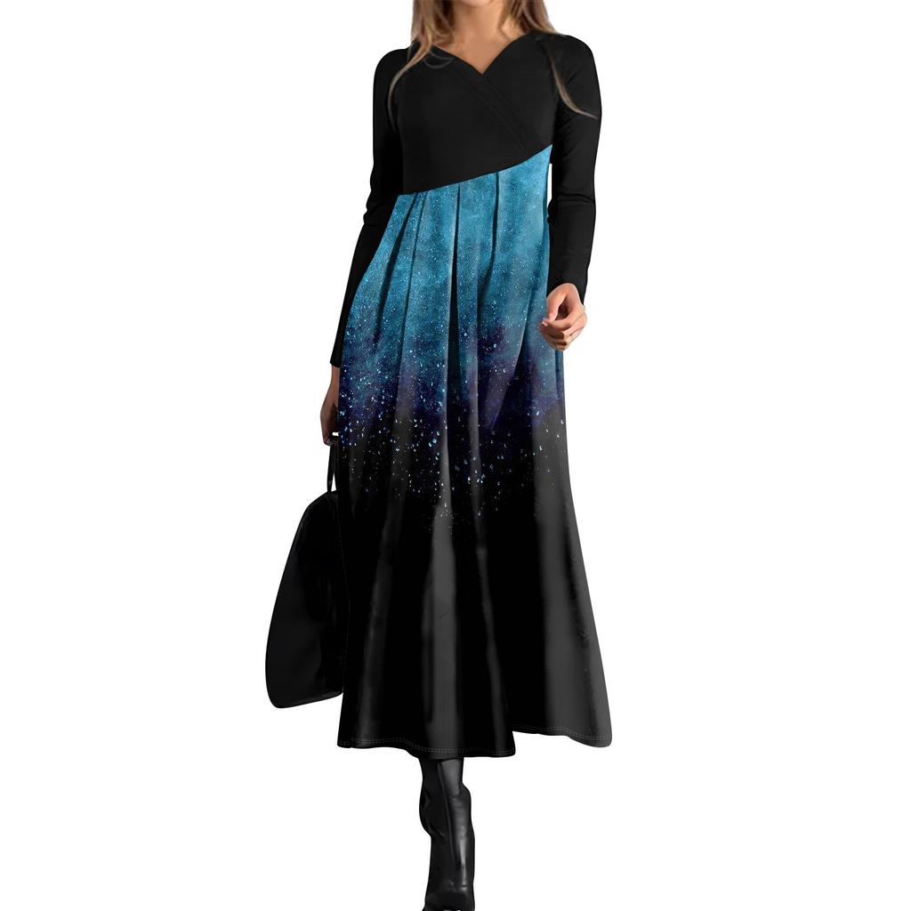 Women's Casual Fashion V-neck Long Sleeve Dress Color Block Gradient Print Waist Pocket Large Swing Dress