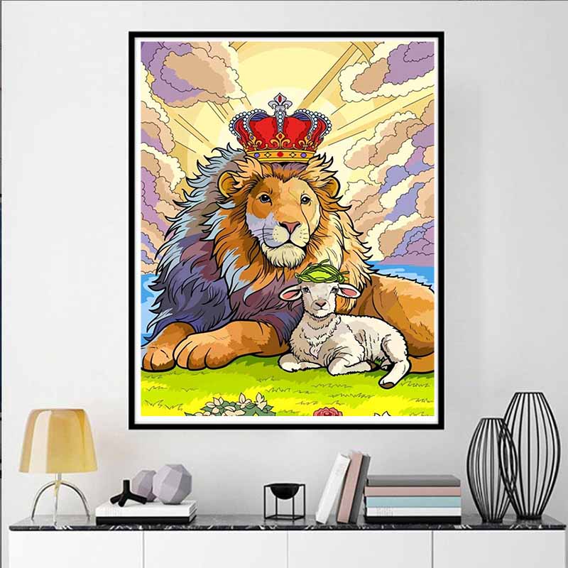 Disney 5D DIY Diamond Painting Lion and Lamb Creative Art Illustration Cartoon Full Diamond Mosaic Art Wall Decoration Set