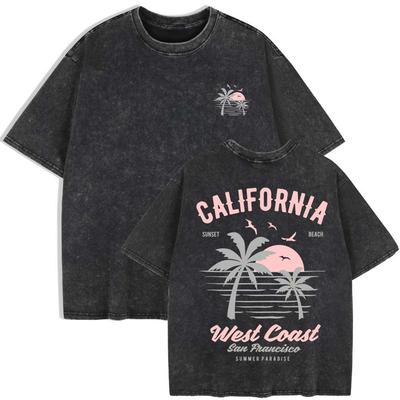 Kalifornien Westküste Druck Gewaschene T-Shirts Damen Baumwolle Kurzarm Oberteile Sommer O-Ausschnitt Oversize T-Shirt Kleidung