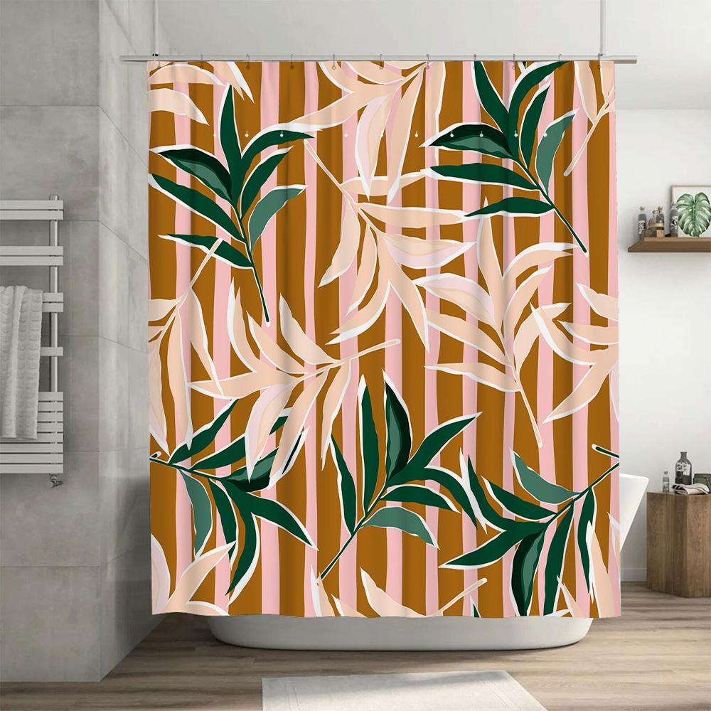 Luxusdruck Duschvorhang Wasserdichter Stoff Heimdekoration Badezimmerdekorationen Modernes Design Blattmuster Wandbehang (Rosa