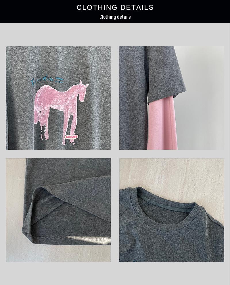 Taoguan Frühling Damen Schlankmachendes Rundhals-T-Shirt mit kleinem Pferdeaufdruck Two-in-One