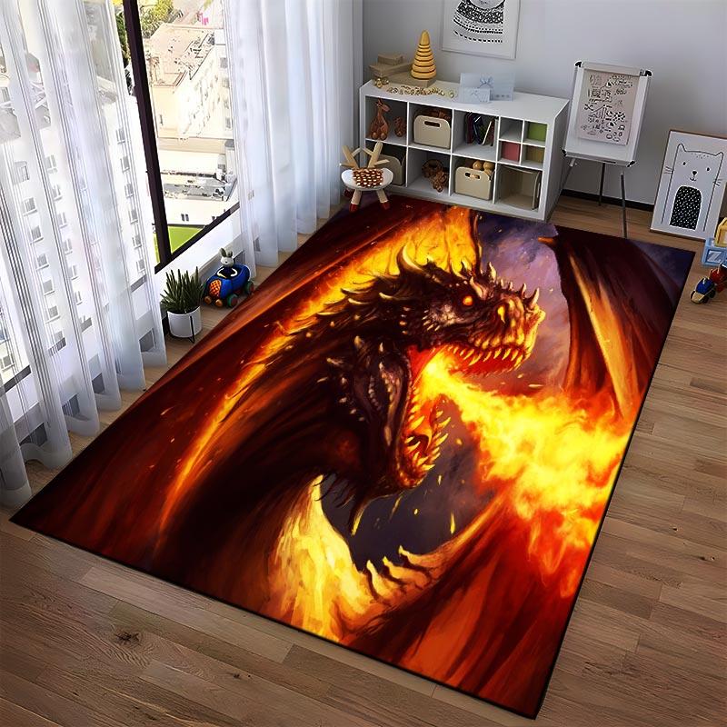 Fiery Dragon Fantasy Art Carpet with Fire Breath and Dark Wings Design1Warm Tones Suitable for Use As an Anti-slip1 For1room and Bedroom Sofas