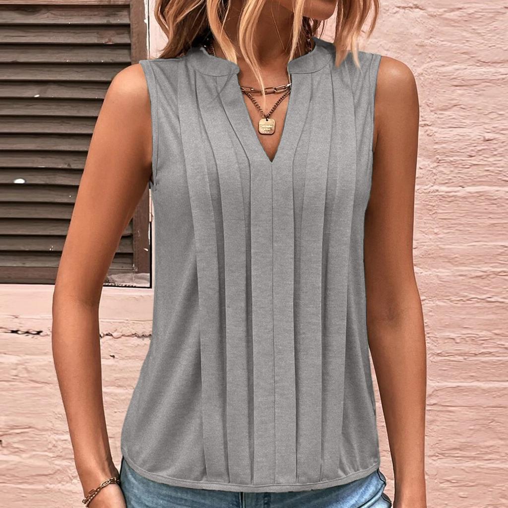 Ladies' Color Summer Fashion Temperament Elegant Pleated V-neck Vest Top